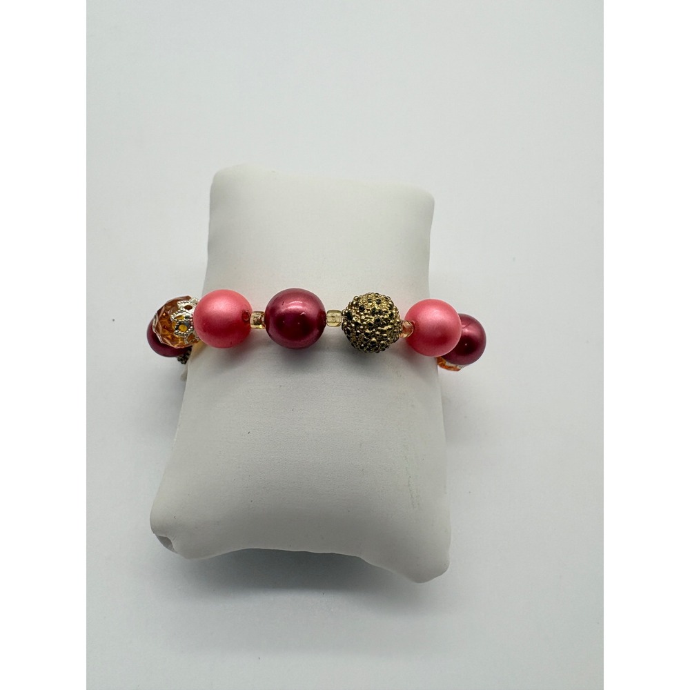 Handmade Pink Burgundy‎ Faux Pearl Beaded Bracelet Gold Stardust Accents 6.25in